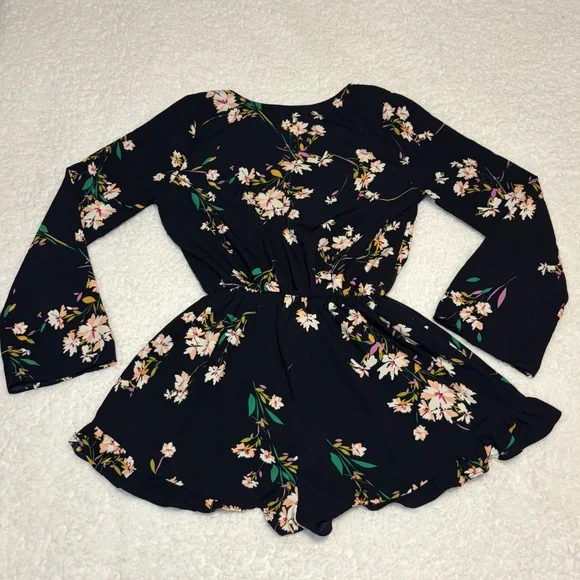 Honey Punch Women Navy Floral Long Sleeve Ruffle Romper - Picture 7 of 10